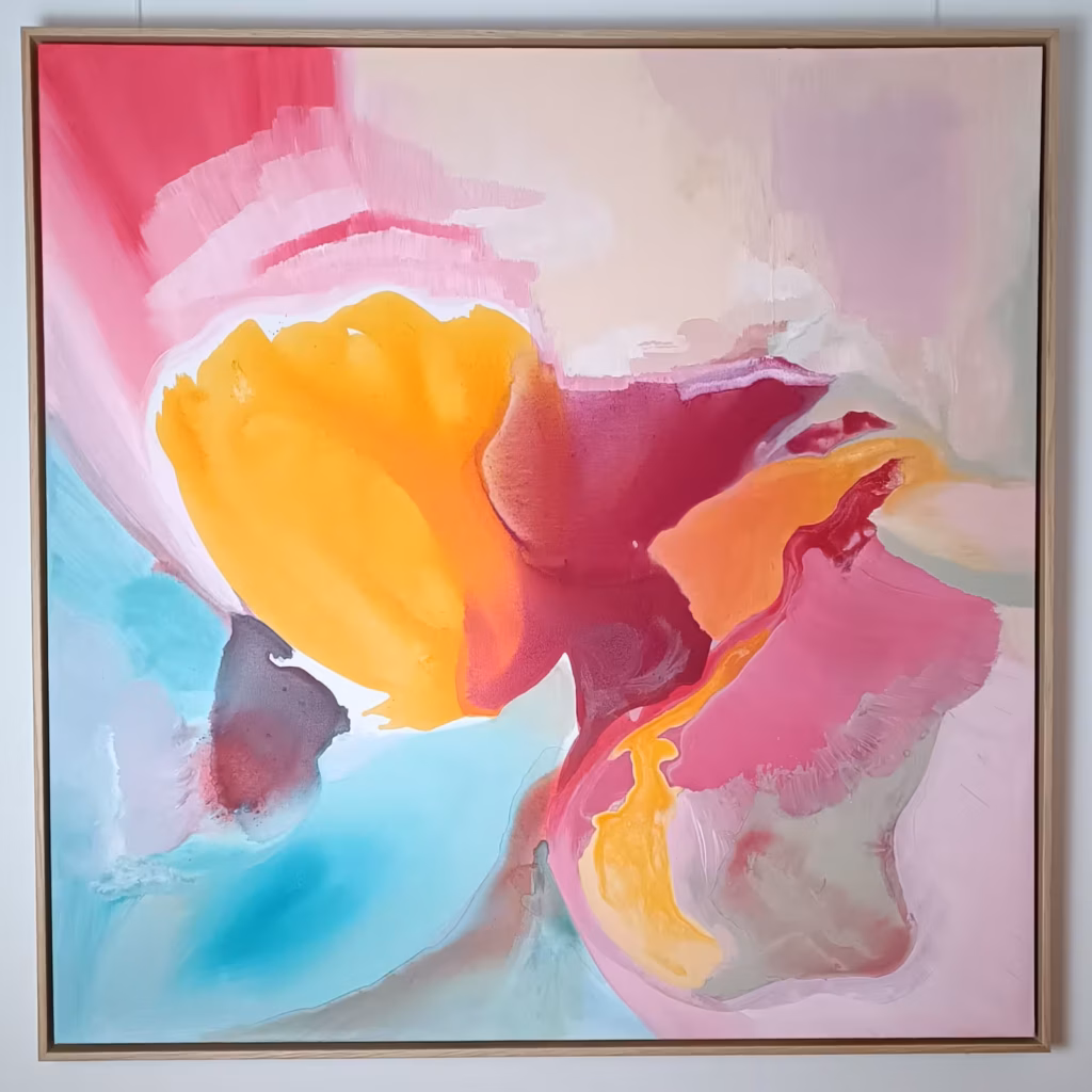 Inner Glow: abstrakte Kunst im Schattenfugenrahmen zum Verkauf oder als Mietmodell
